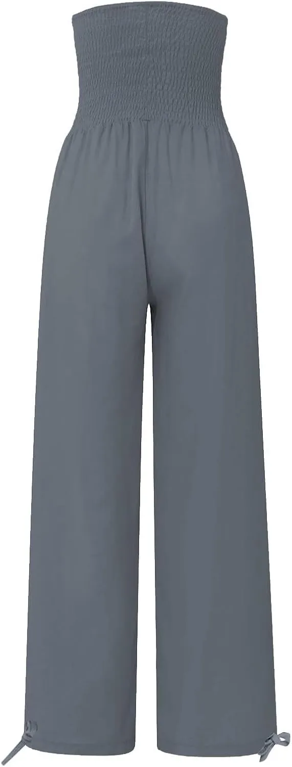 Palazzo Pants for Women Cotton Linen Summer Lightweight Wide Leg Pants Flowy Smocked High Waisted Beach Trousers