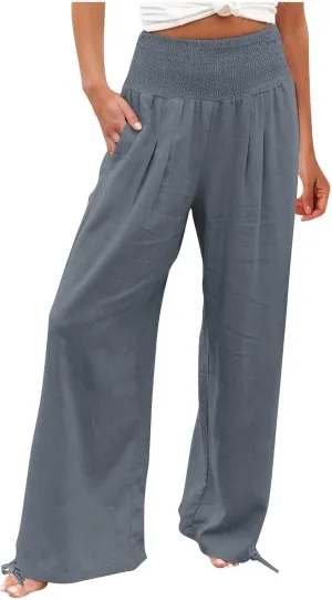 Palazzo Pants for Women Cotton Linen Summer Lightweight Wide Leg Pants Flowy Smocked High Waisted Beach Trousers