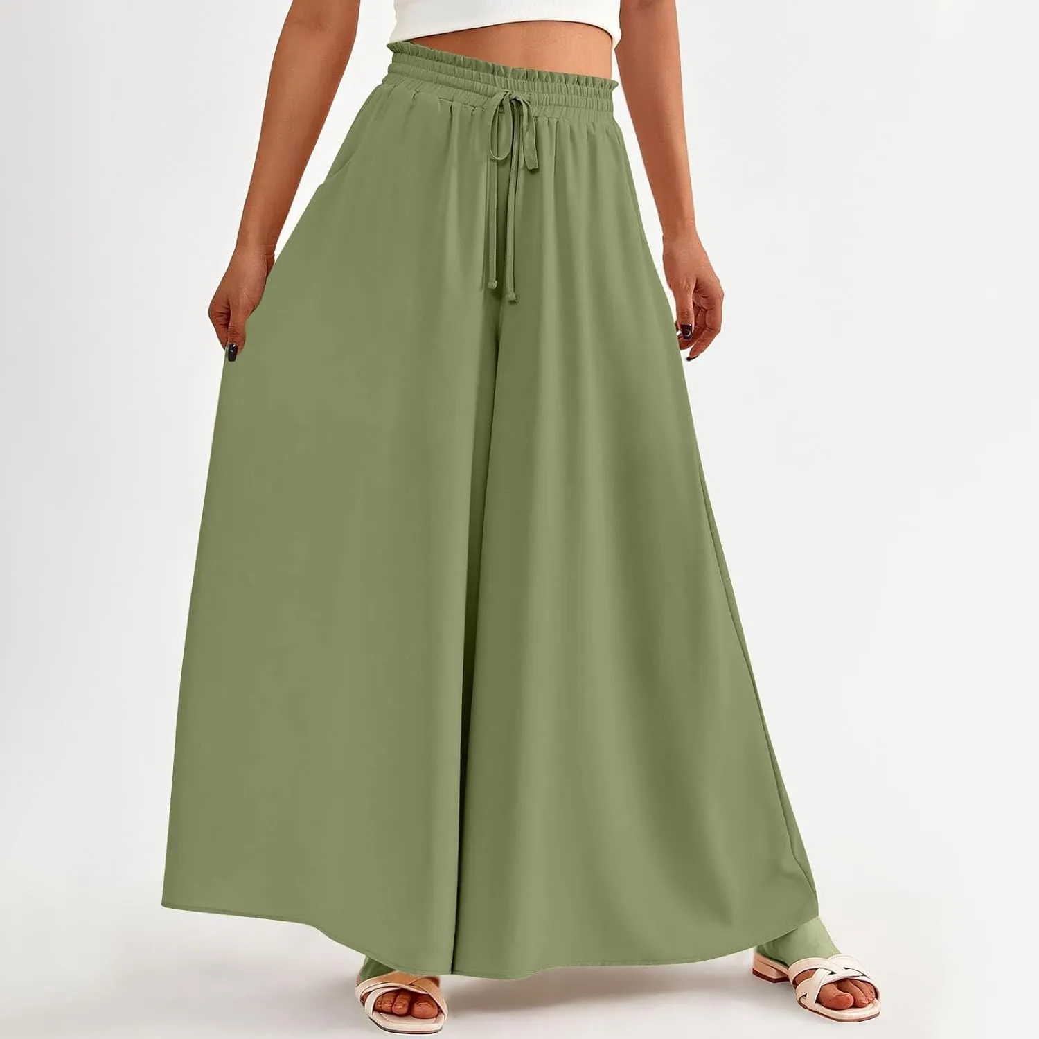 Palazzo Pants for Women High Waisted Flowy Wide Leg Pants Summer Trendy Casual Loose Boho Beach Trousers with Pockets