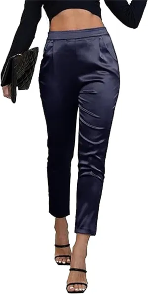 Pants for Women Satin Dress Casual Pleated Pull On High Waist Dressy Pants with Pockets 2025 Summer Trendy Trouser