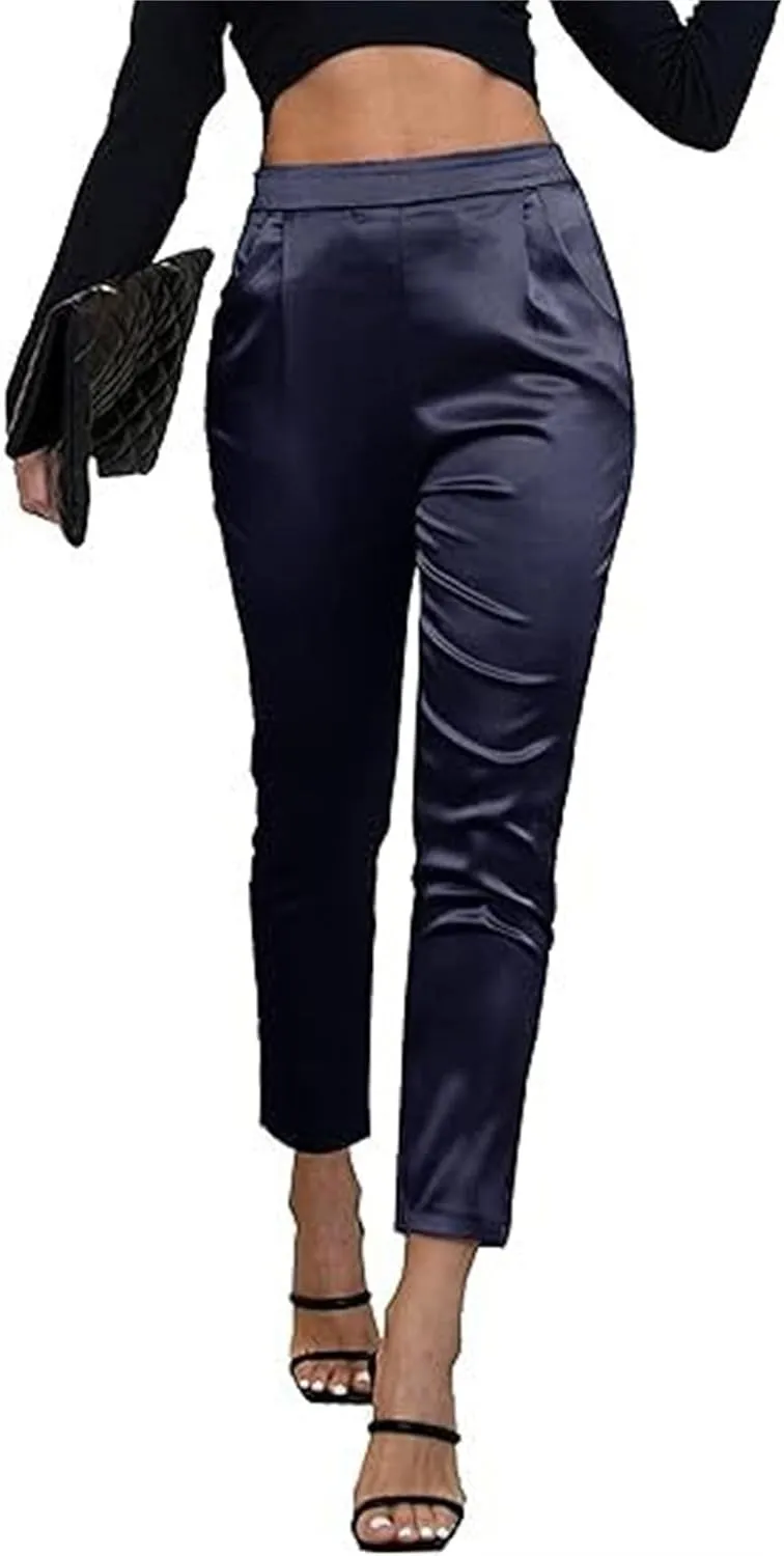 Pants for Women Satin Dress Casual Pleated Pull On High Waist Dressy Pants with Pockets 2025 Summer Trendy Trouser