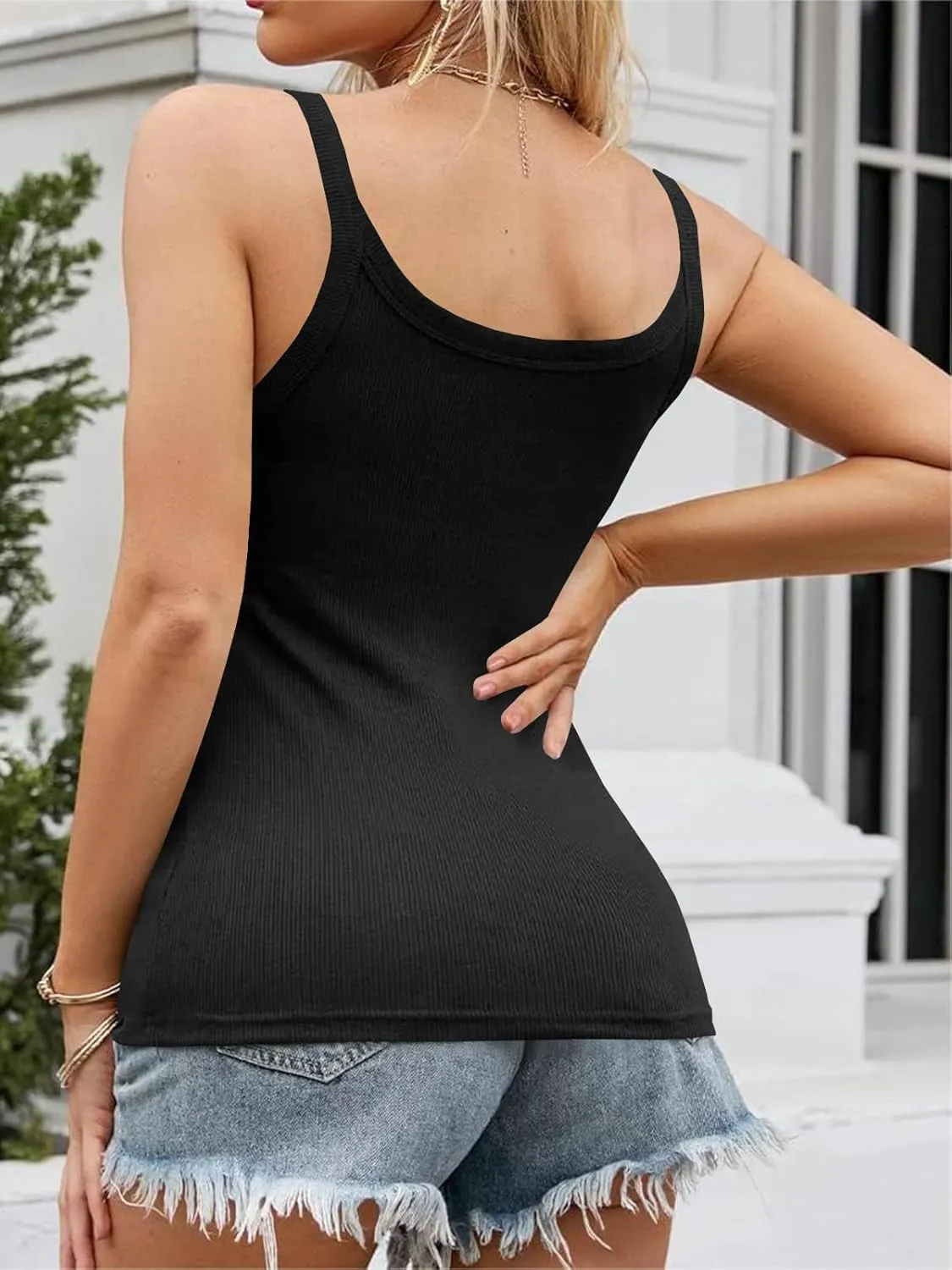 Pepochic Women's Scoop Neck Ribbed Tank Tops Workout Sleeveless Summer Casual Fitted Cami Shirt