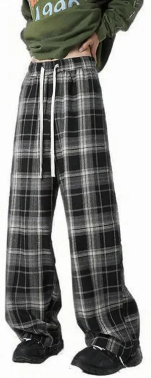 Plaid Pants for Men 2025 Fashion Vintage Loose Wide Leg Pant Plus Size Casual Lightweight Loose Streetwear Trousers