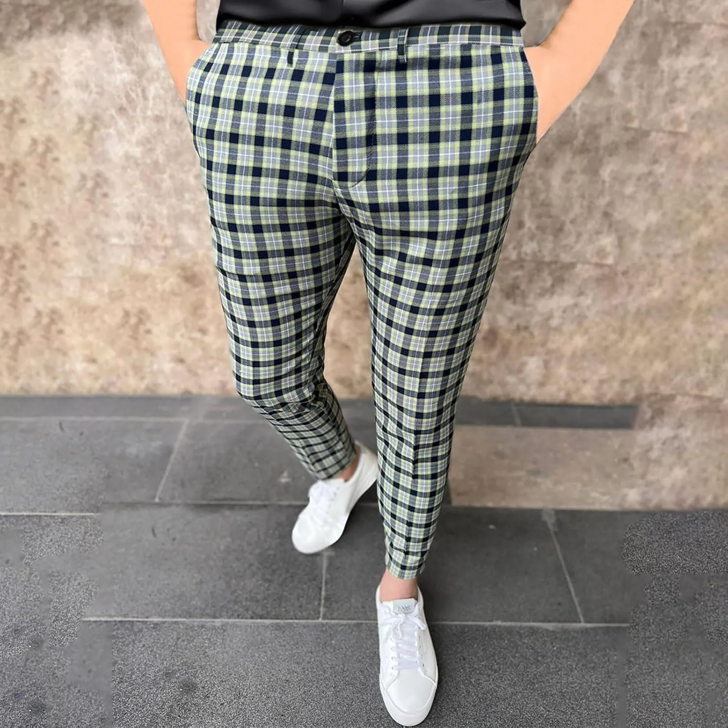 Plaid Print Mens Dress Pants Slim Fit Dress Pants Stretch Skinny Golf Pants Casual Fashion Chino Casual Pants