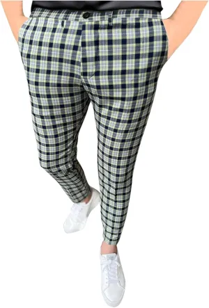 Plaid Print Mens Dress Pants Slim Fit Dress Pants Stretch Skinny Golf Pants Casual Fashion Chino Casual Pants