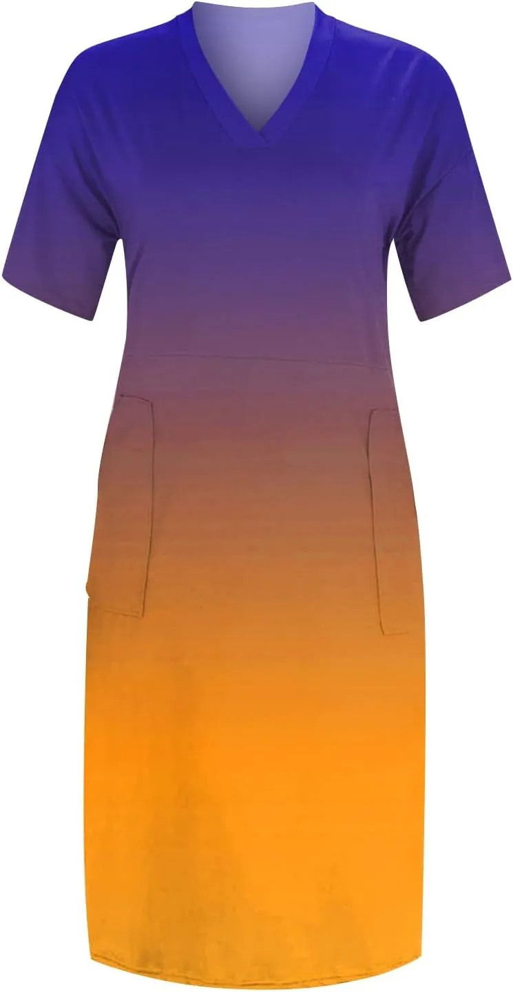 Plus Size Dresses for Curvy Women Short Sleeve V Neck T Shirt Dresses Casual Plain Midi Resort Dress with Pockets