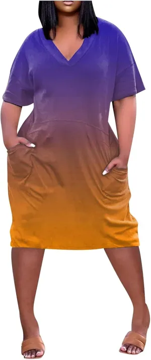 Plus Size Dresses for Curvy Women Short Sleeve V Neck T Shirt Dresses Casual Plain Midi Resort Dress with Pockets