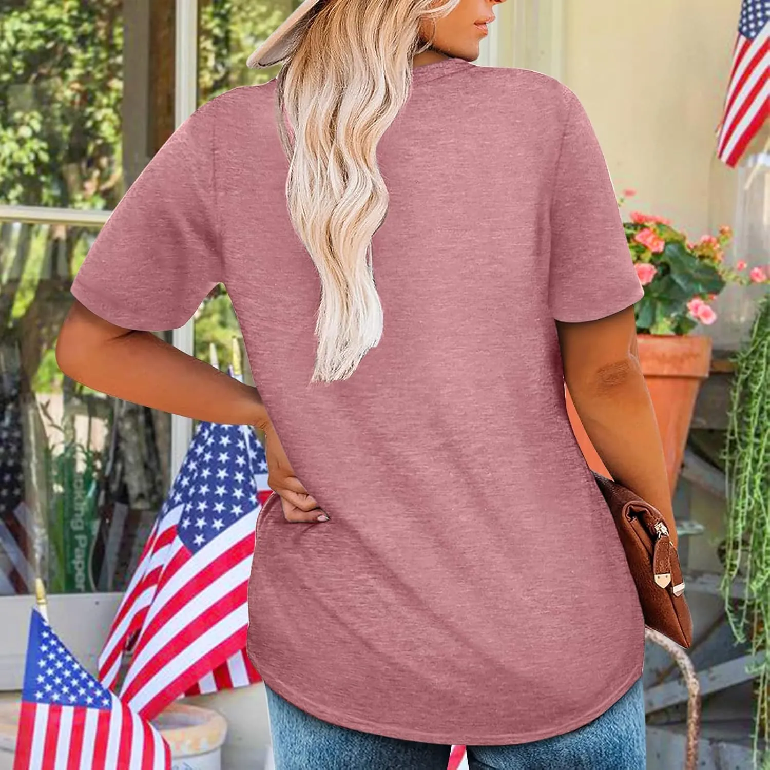 Plus Size USA Flag Shirt for Women 4th of July American Flag Print Tee Tops Short Sleeve Patriotic T-Shirt Blouse