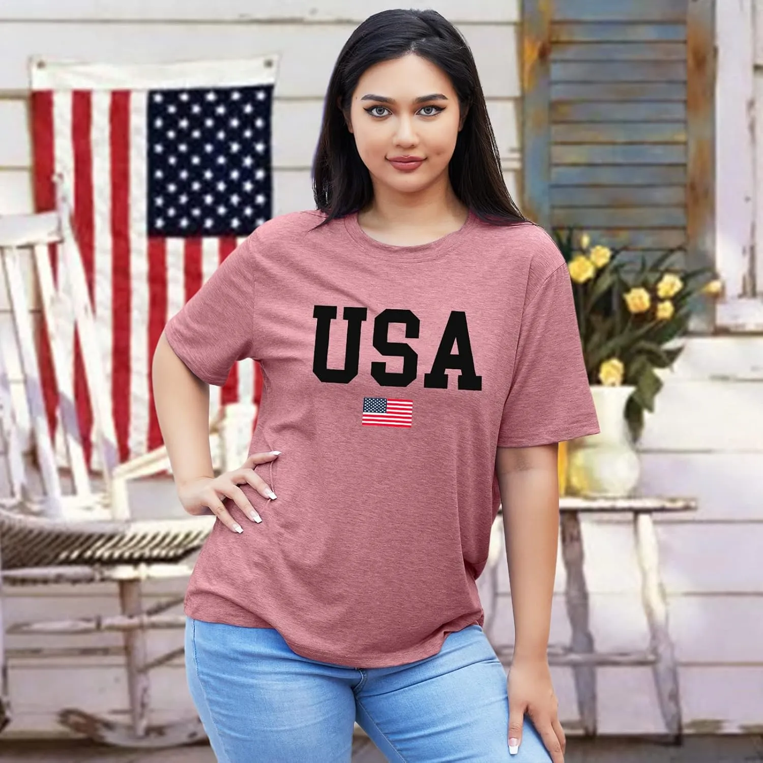 Plus Size USA Flag Shirt for Women 4th of July American Flag Print Tee Tops Short Sleeve Patriotic T-Shirt Blouse