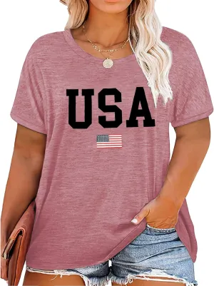 Plus Size USA Flag Shirt for Women 4th of July American Flag Print Tee Tops Short Sleeve Patriotic T-Shirt Blouse