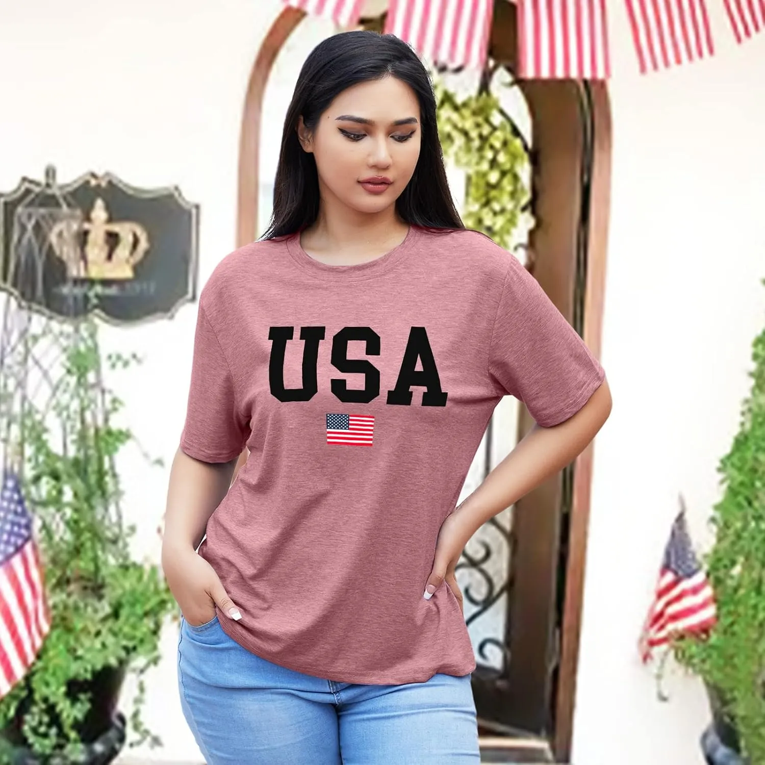 Plus Size USA Flag Shirt for Women 4th of July American Flag Print Tee Tops Short Sleeve Patriotic T-Shirt Blouse