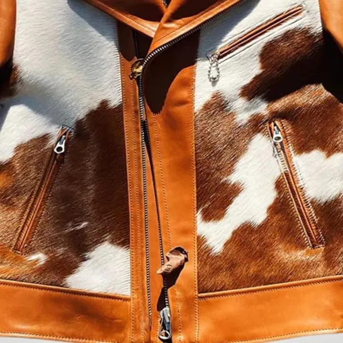 Real Cowhide Jacket Natural Hair-On Leather Finish Pony Skin Coat Animal Print:Cow Print Design Western Style Coat