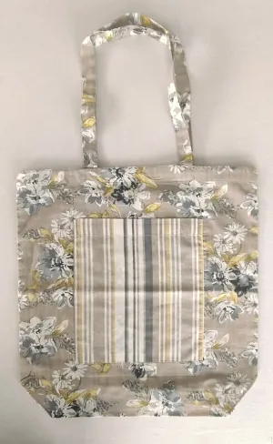 Reversible Brown Floral & stripe Tote Bag with Extra Front Pocket, Easy to Carry, Cotton Fabric