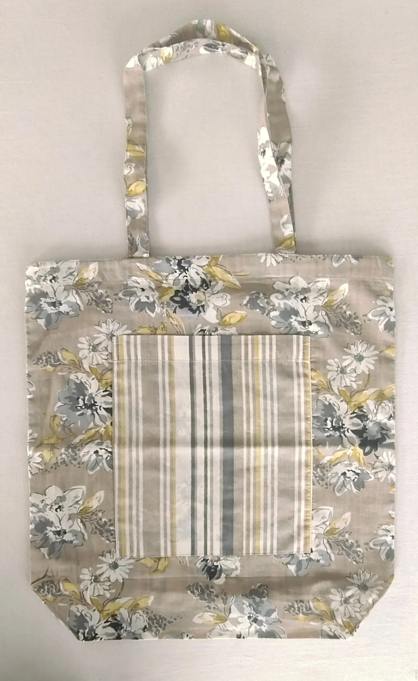 Reversible Brown Floral & stripe Tote Bag with Extra Front Pocket, Easy to Carry, Cotton Fabric