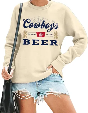 RFBIQI Cowboys & Beer Sweatshirt Women Country Music Shirt Funny Drinking Pullover Top Casual Crew Neck Long Sleeve Rodeo Tee