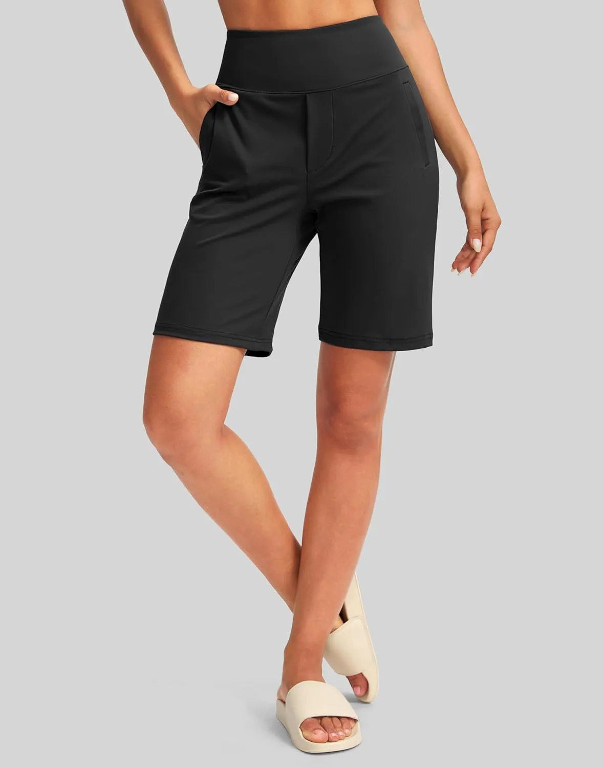 SANTINY Women's 9" High Waisted Bermuda Shorts with 4 Pockets Knee Length Long Shorts for Women Workout Athletic Casual