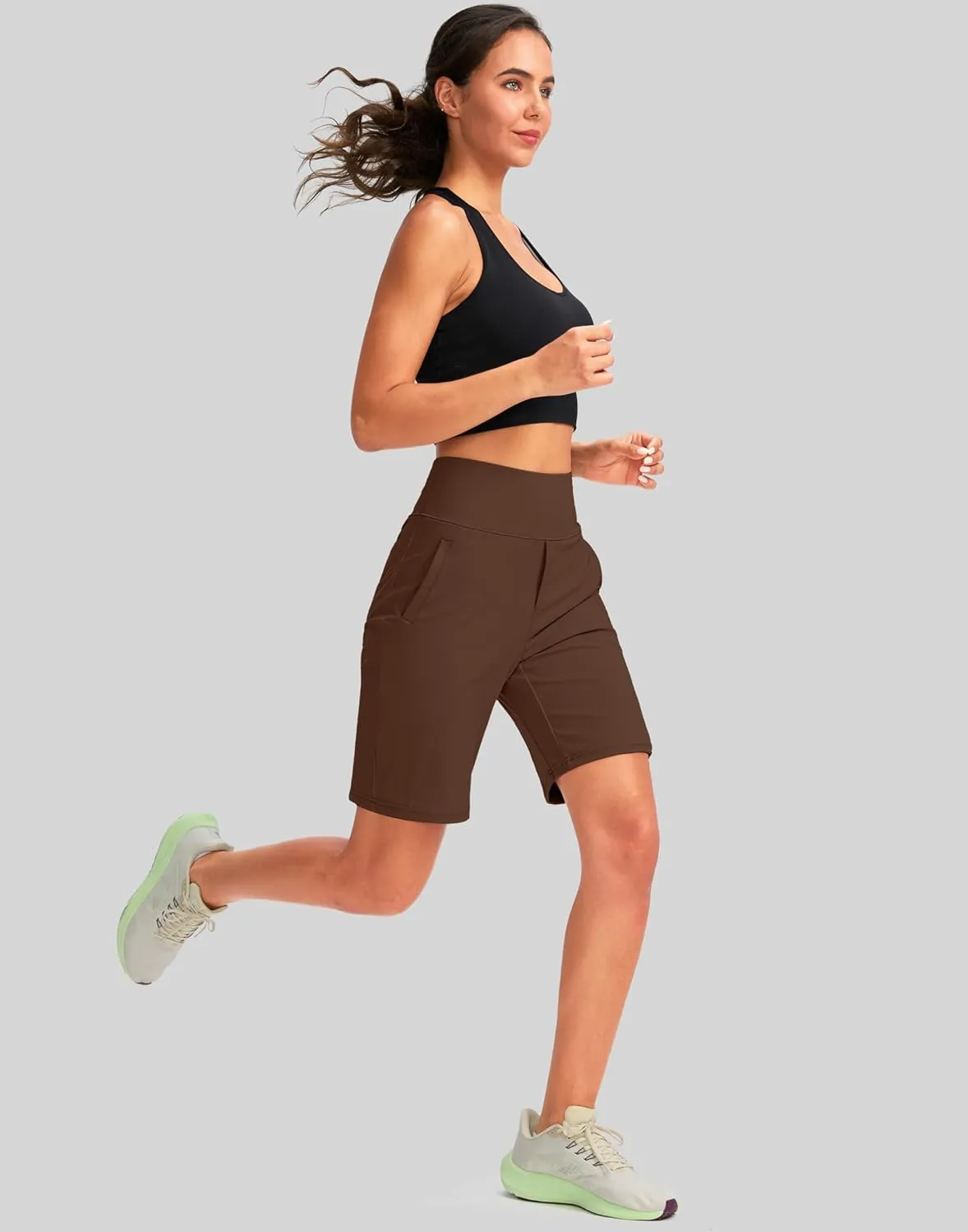 SANTINY Women's 9" High Waisted Bermuda Shorts with 4 Pockets Knee Length Long Shorts for Women Workout Athletic Casual