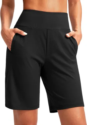 SANTINY Women's 9" High Waisted Bermuda Shorts with 4 Pockets Knee Length Long Shorts for Women Workout Athletic Casual