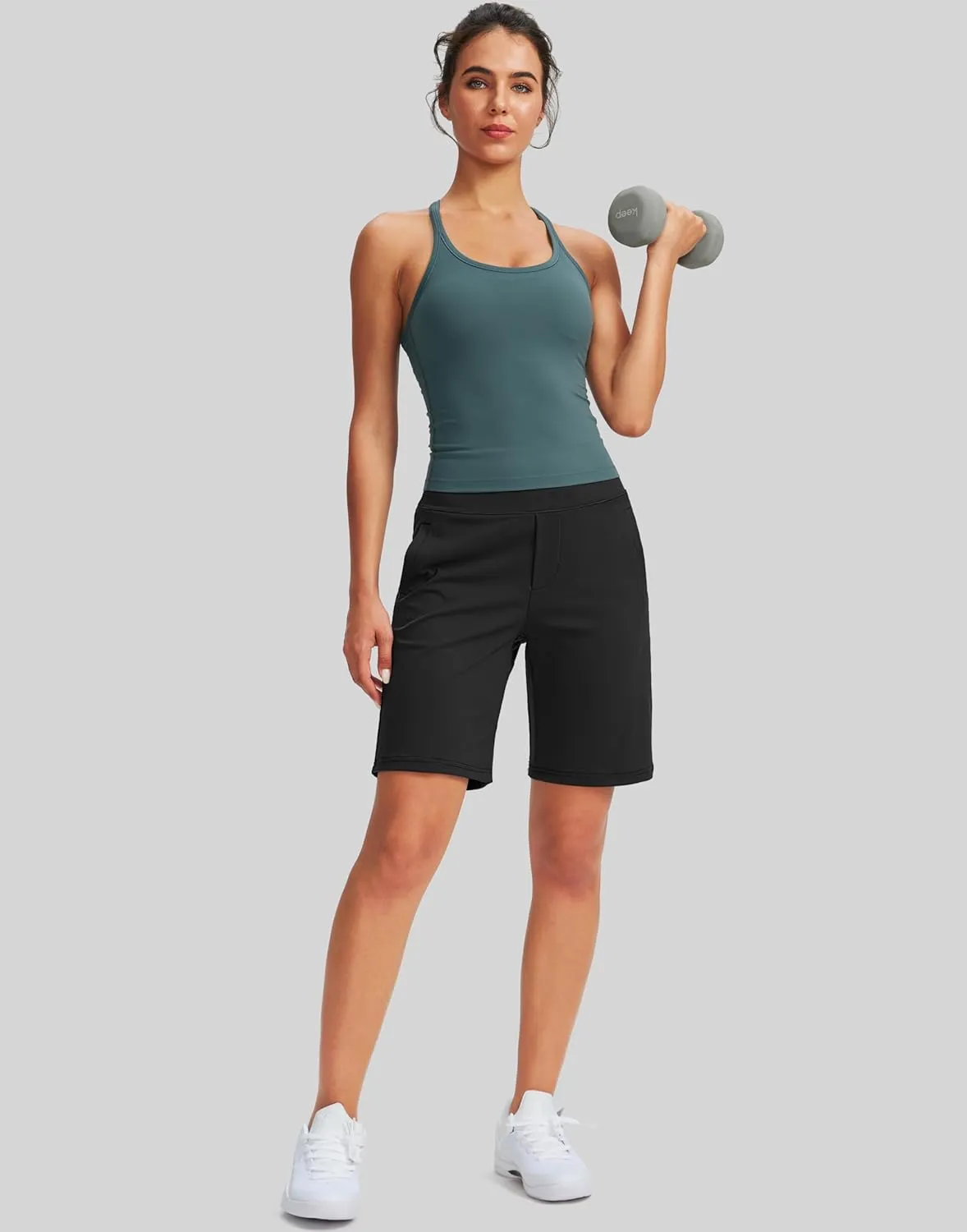 SANTINY Women's 9" High Waisted Bermuda Shorts with 4 Pockets Knee Length Long Shorts for Women Workout Athletic Casual