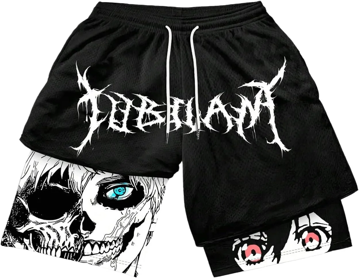 SHENHE Men's Graphic Shorts with Liner Cross Print Drawstring 2 in 1 Goth Gym Track Bottoms
