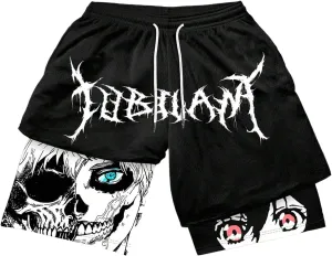 SHENHE Men's Graphic Shorts with Liner Cross Print Drawstring 2 in 1 Goth Gym Track Bottoms