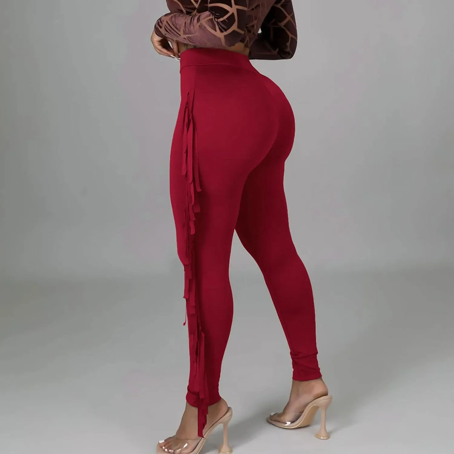 Sinzelimin Women's Sexy Tight Pants Fashion Solid Color Side Tassel High Waist Stretch Yoga Leggings Slim Full Length Trouser