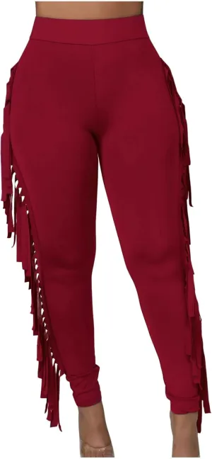 Sinzelimin Women's Sexy Tight Pants Fashion Solid Color Side Tassel High Waist Stretch Yoga Leggings Slim Full Length Trouser