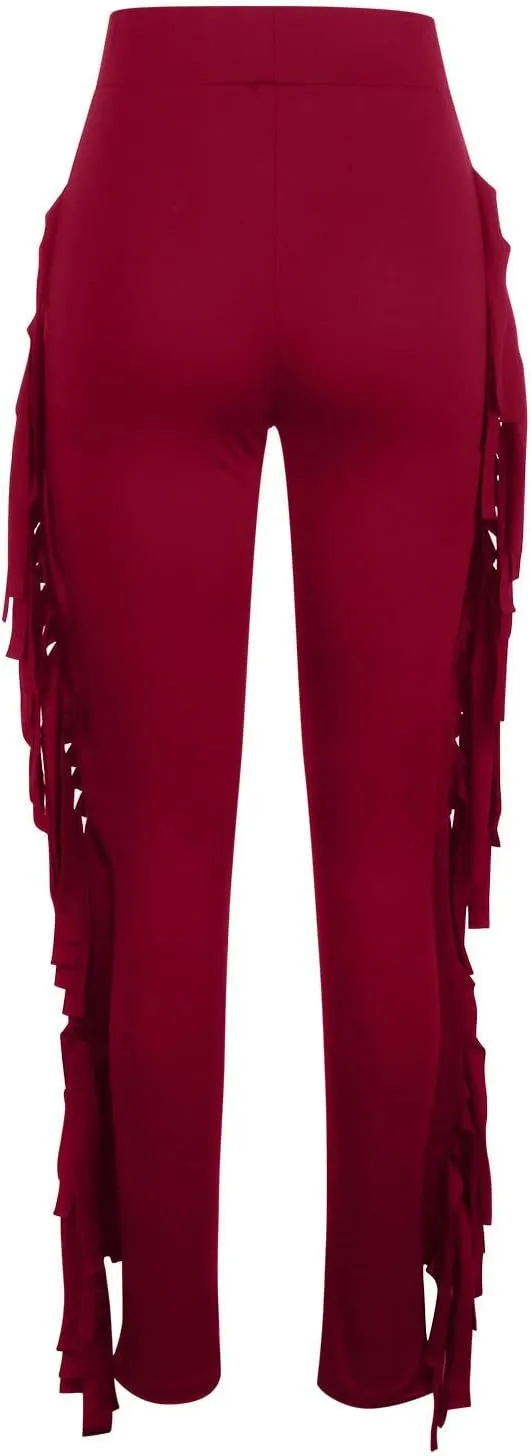 Sinzelimin Women's Sexy Tight Pants Fashion Solid Color Side Tassel High Waist Stretch Yoga Leggings Slim Full Length Trouser