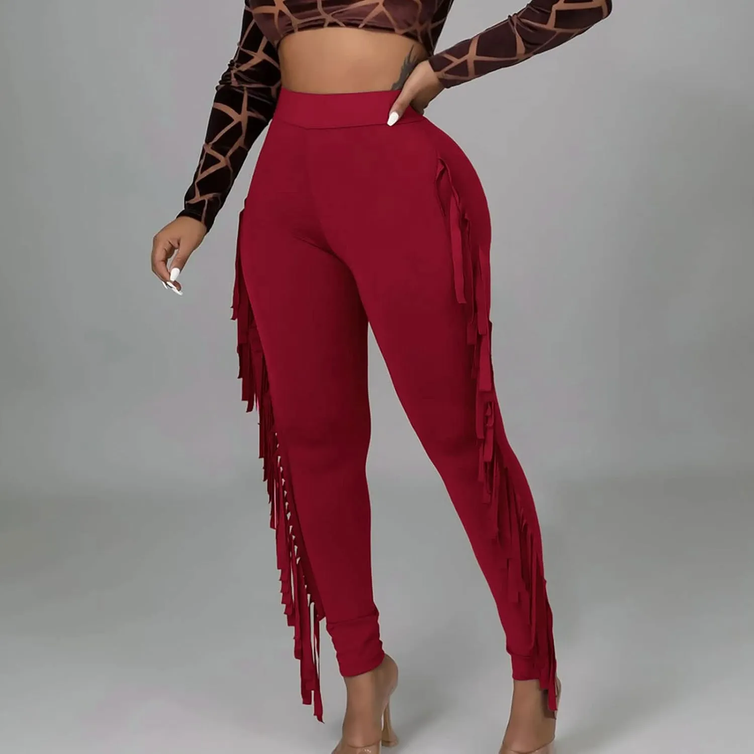 Sinzelimin Women's Sexy Tight Pants Fashion Solid Color Side Tassel High Waist Stretch Yoga Leggings Slim Full Length Trouser