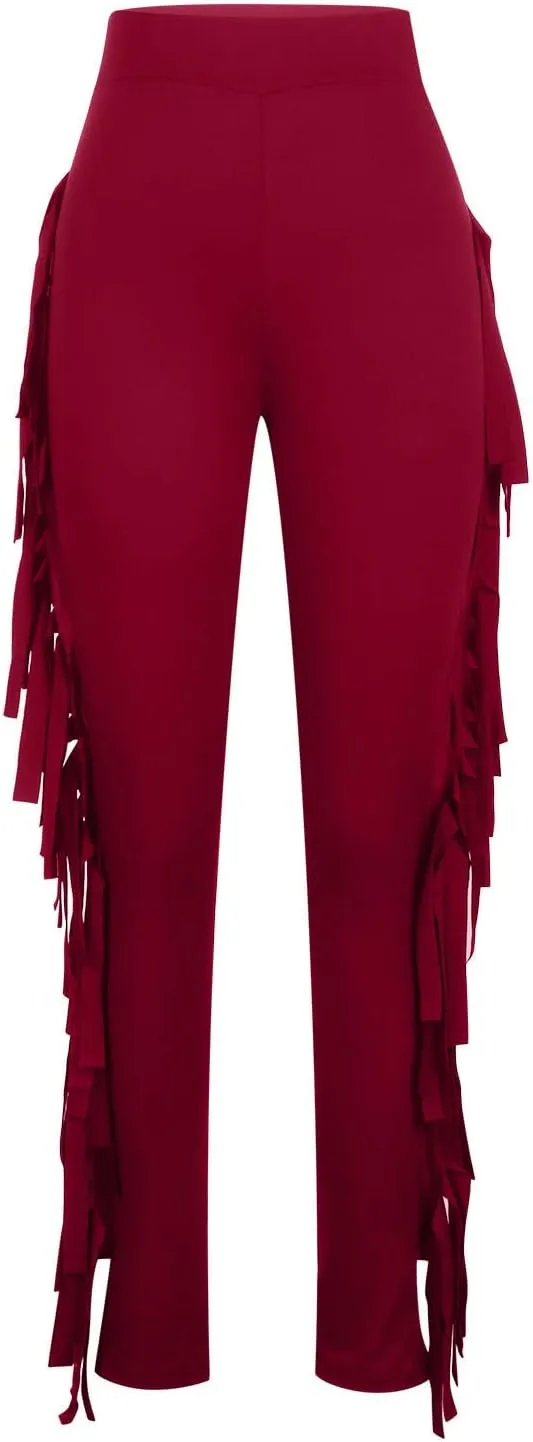 Sinzelimin Women's Sexy Tight Pants Fashion Solid Color Side Tassel High Waist Stretch Yoga Leggings Slim Full Length Trouser