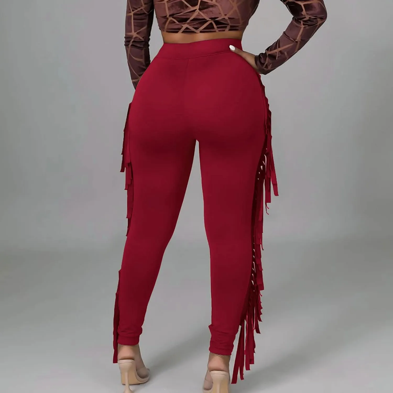 Sinzelimin Women's Sexy Tight Pants Fashion Solid Color Side Tassel High Waist Stretch Yoga Leggings Slim Full Length Trouser