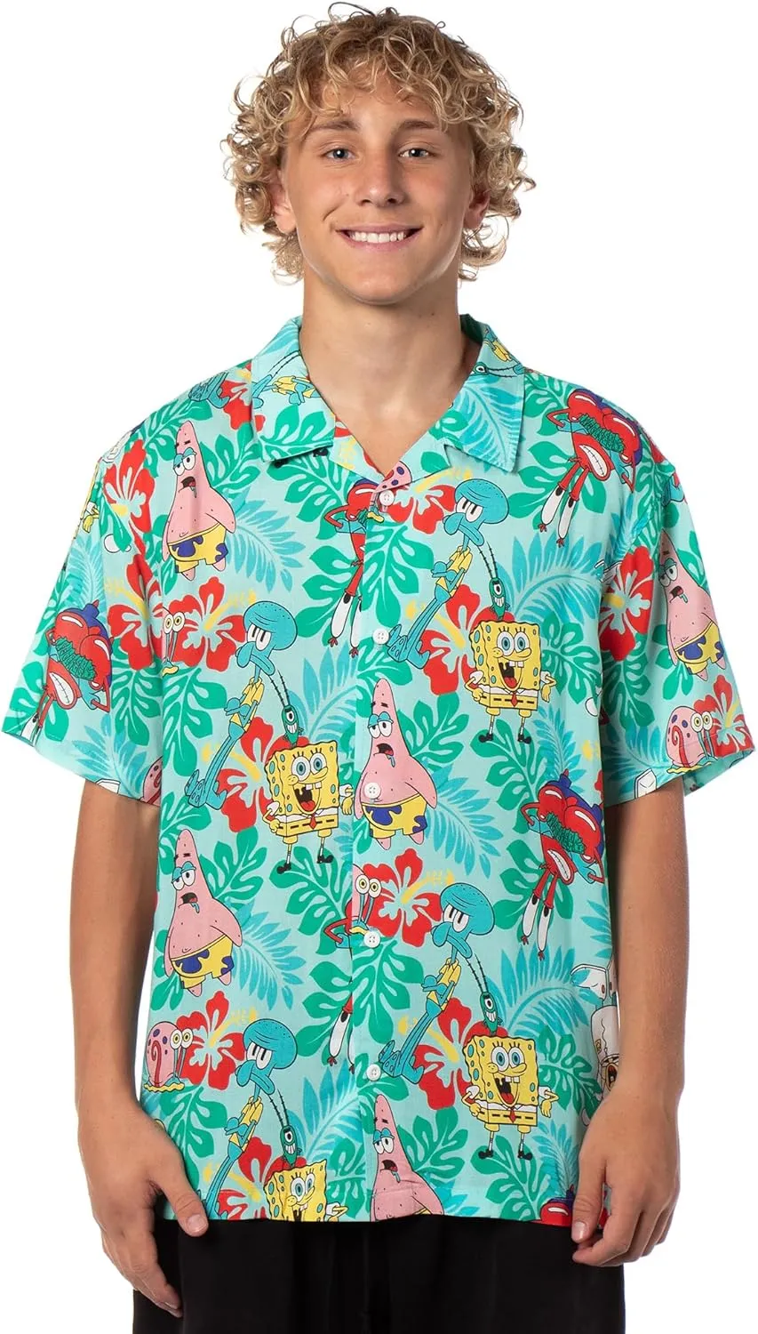 Spongebob Squarepants Men's Character Hawaiian Floral Button-Up Short Sleeve Woven Shirt