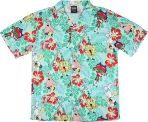Spongebob Squarepants Men's Character Hawaiian Floral Button-Up Short Sleeve Woven Shirt