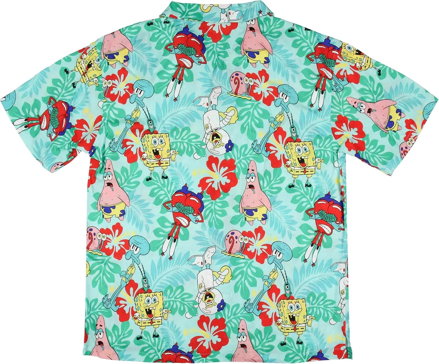 Spongebob Squarepants Men's Character Hawaiian Floral Button-Up Short Sleeve Woven Shirt