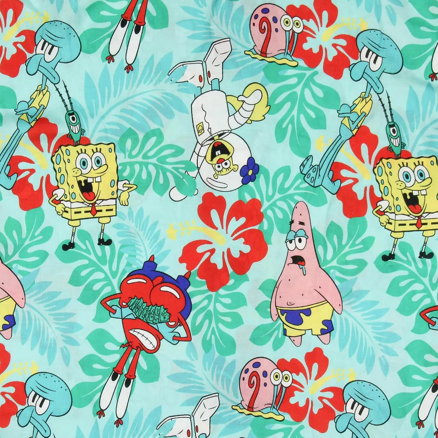 Spongebob Squarepants Men's Character Hawaiian Floral Button-Up Short Sleeve Woven Shirt