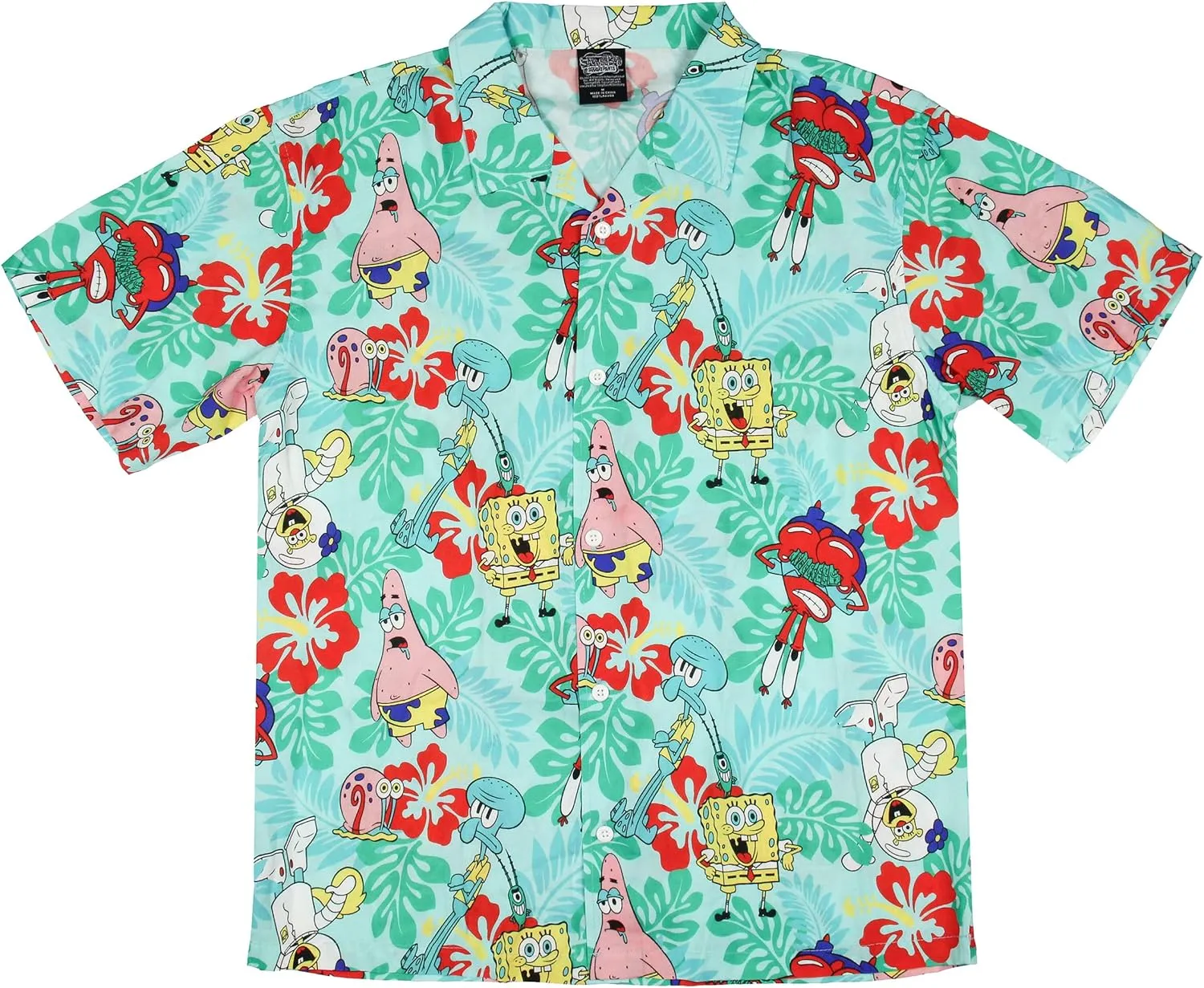 Spongebob Squarepants Men's Character Hawaiian Floral Button-Up Short Sleeve Woven Shirt