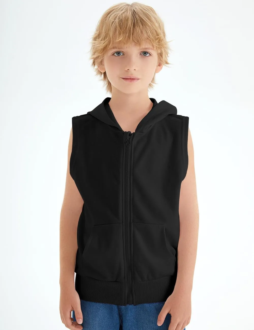 Spring&Gege Boys Full Zip Sleeveless Hooded Vest Basic Zipper Tank Tops Sweatshirt with Pockets