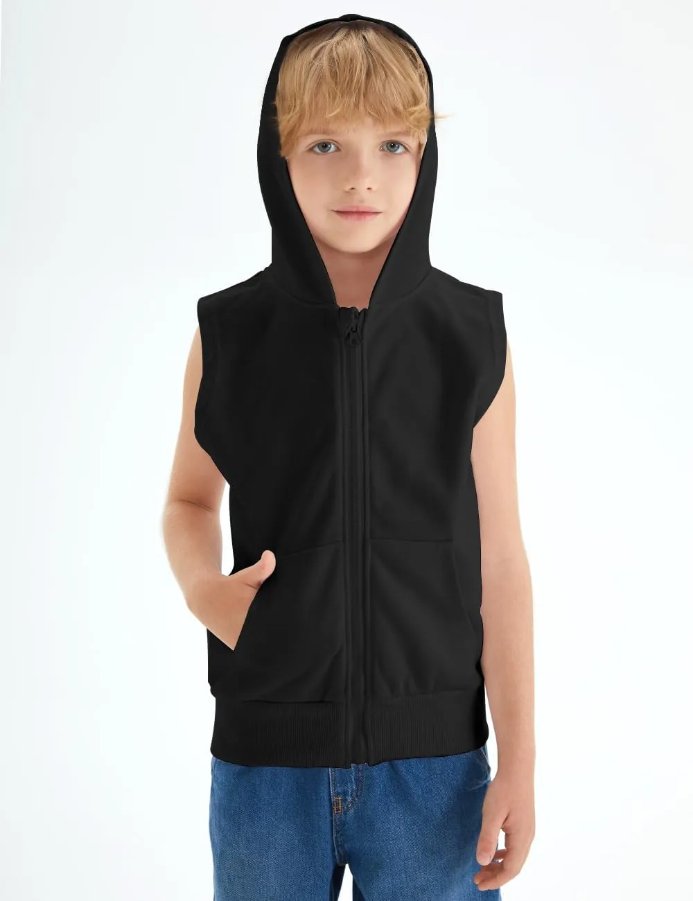 Spring&Gege Boys Full Zip Sleeveless Hooded Vest Basic Zipper Tank Tops Sweatshirt with Pockets
