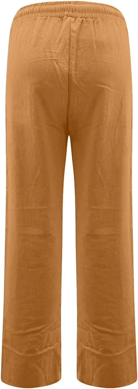 Straight Leg Linen Pants for Women,Summer Wide Leg Lounge Pants with Pockets,Drawstring High Waisted Casual Pants