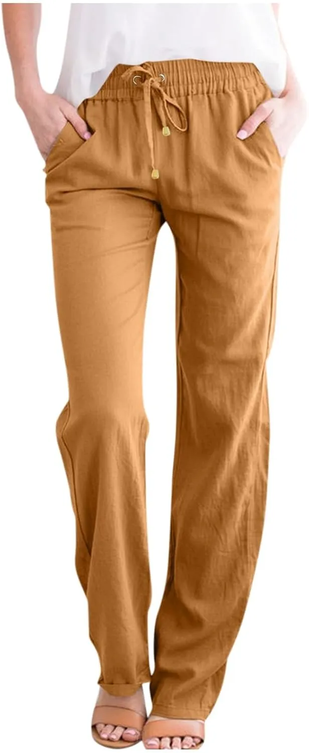 Straight Leg Linen Pants for Women,Summer Wide Leg Lounge Pants with Pockets,Drawstring High Waisted Casual Pants