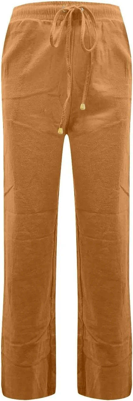 Straight Leg Linen Pants for Women,Summer Wide Leg Lounge Pants with Pockets,Drawstring High Waisted Casual Pants