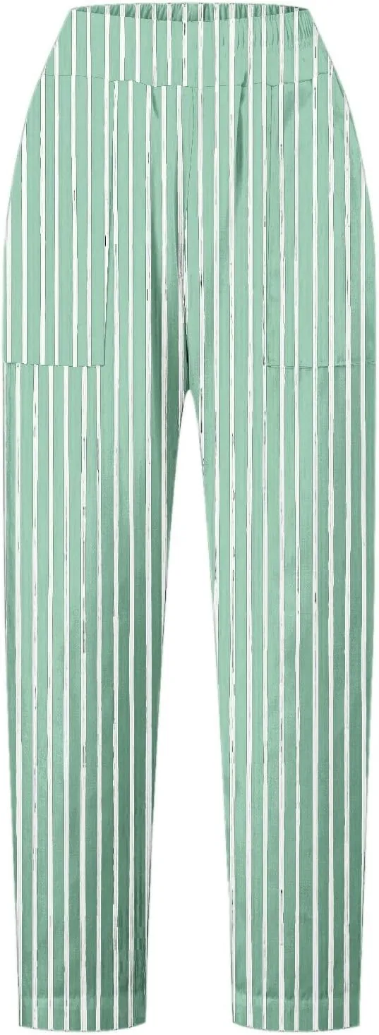 Striped Pants for Women Linen Striped Crop Casual Pants Summer Baggy Elastic High Waist Straight Leg Comfy Trousers