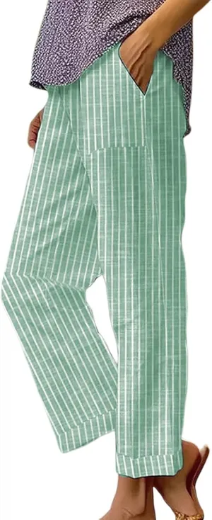 Striped Pants for Women Linen Striped Crop Casual Pants Summer Baggy Elastic High Waist Straight Leg Comfy Trousers
