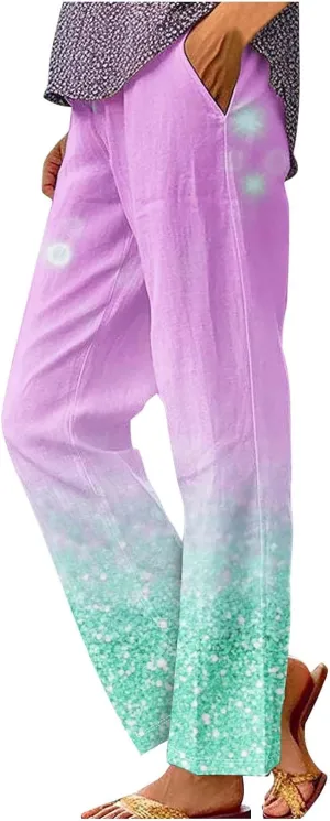 Summer Boho Cotton Linen Pant for Women, Lightweight Elastic Waist Baggy Casual Trousers with Pockets