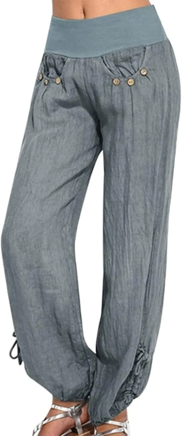 Summer Pants for Girls Plus Size Casual Waisted Baggy Pants with Pockets Solid Sweatpants Cotton Pants for Women