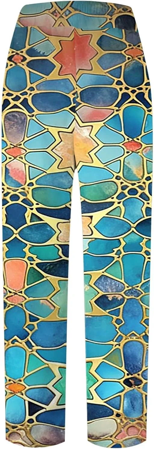Summer Pants for Women 2024 Trendy Floral Print Elastic Waist Pants Straight Leg Baggy Comfy Trousers with Pocket