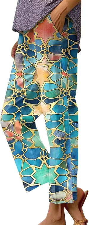 Summer Pants for Women 2024 Trendy Floral Print Elastic Waist Pants Straight Leg Baggy Comfy Trousers with Pocket