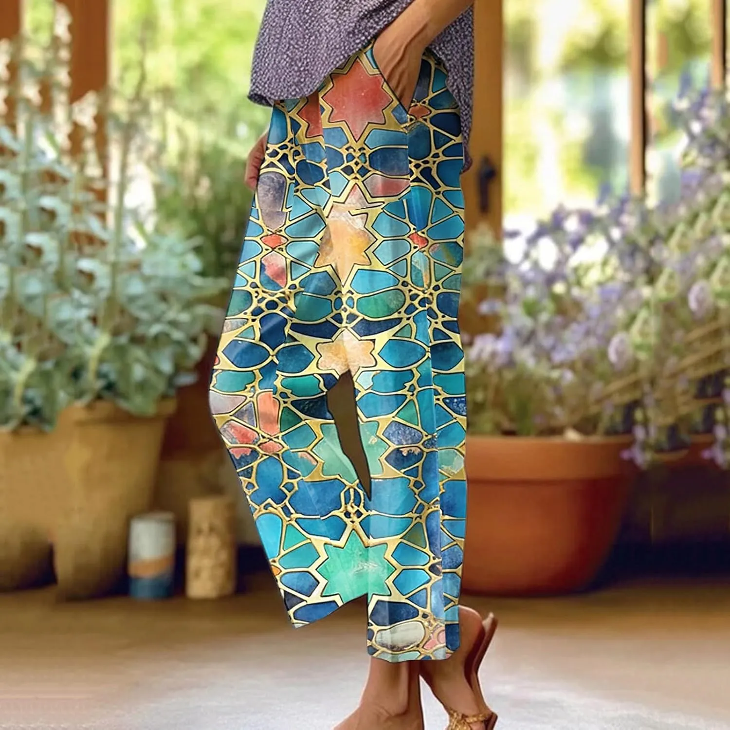 Summer Pants for Women 2024 Trendy Floral Print Elastic Waist Pants Straight Leg Baggy Comfy Trousers with Pocket