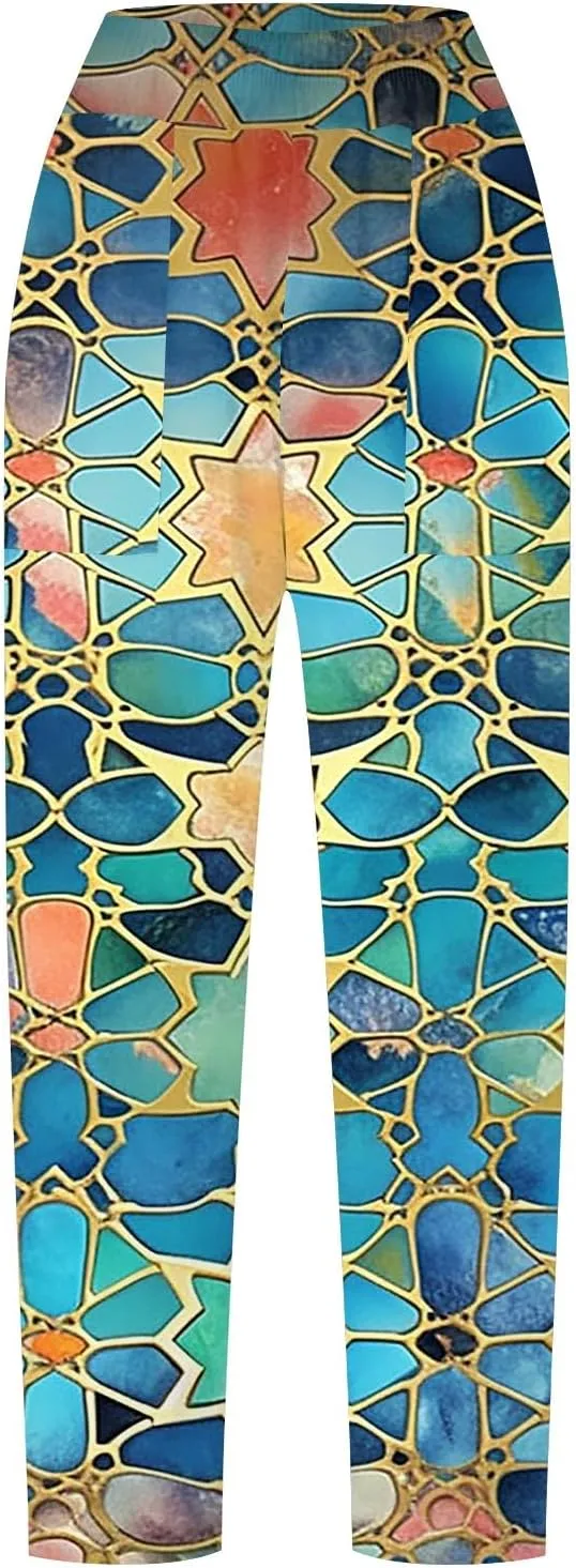 Summer Pants for Women 2024 Trendy Floral Print Elastic Waist Pants Straight Leg Baggy Comfy Trousers with Pocket
