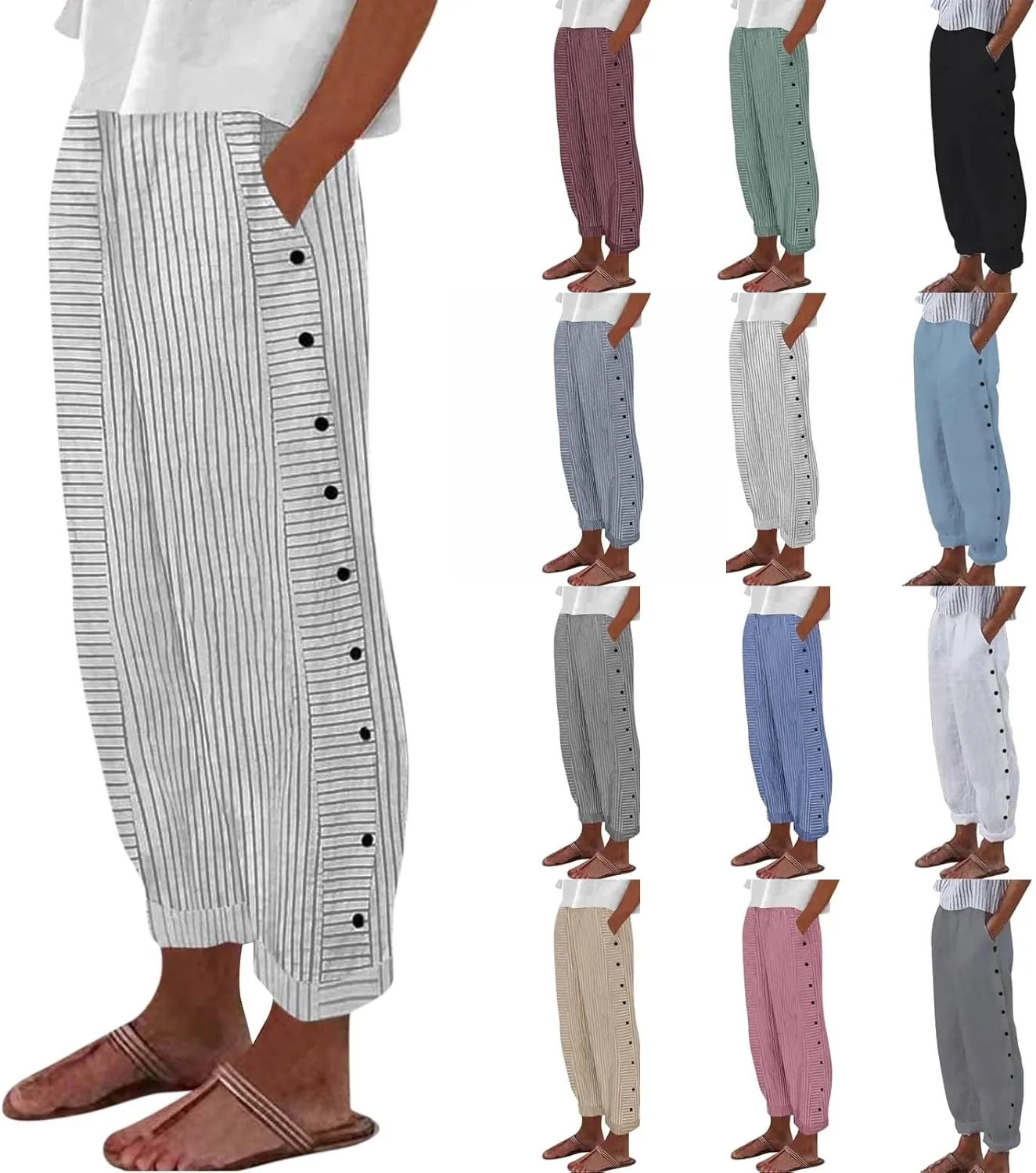 Summer Pants for Women Striped Printed Side Button Pants Baggy Elastic Waist Straight Leg Trousers with Pocket